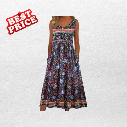 Bohemian Floral Midi Sundress With Pockets Loose Flowing Casual Beach Summer Dress for Women