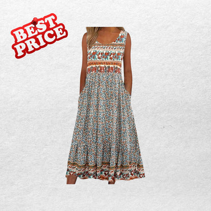 Bohemian Floral Midi Sundress With Pockets Loose Flowing Casual Beach Summer Dress for Women