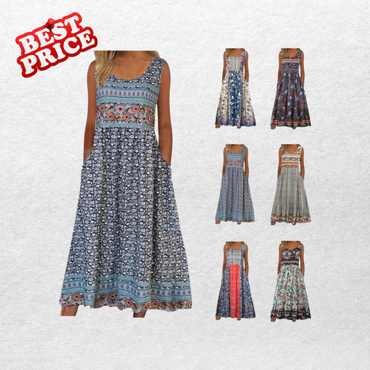 Bohemian Floral Midi Sundress With Pockets Loose Flowing Casual Beach Summer Dress for Women
