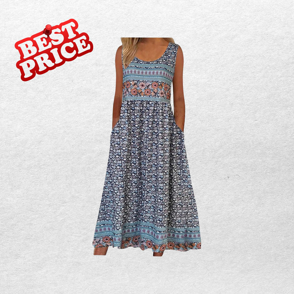 Bohemian Floral Midi Sundress With Pockets Loose Flowing Casual Beach Summer Dress for Women