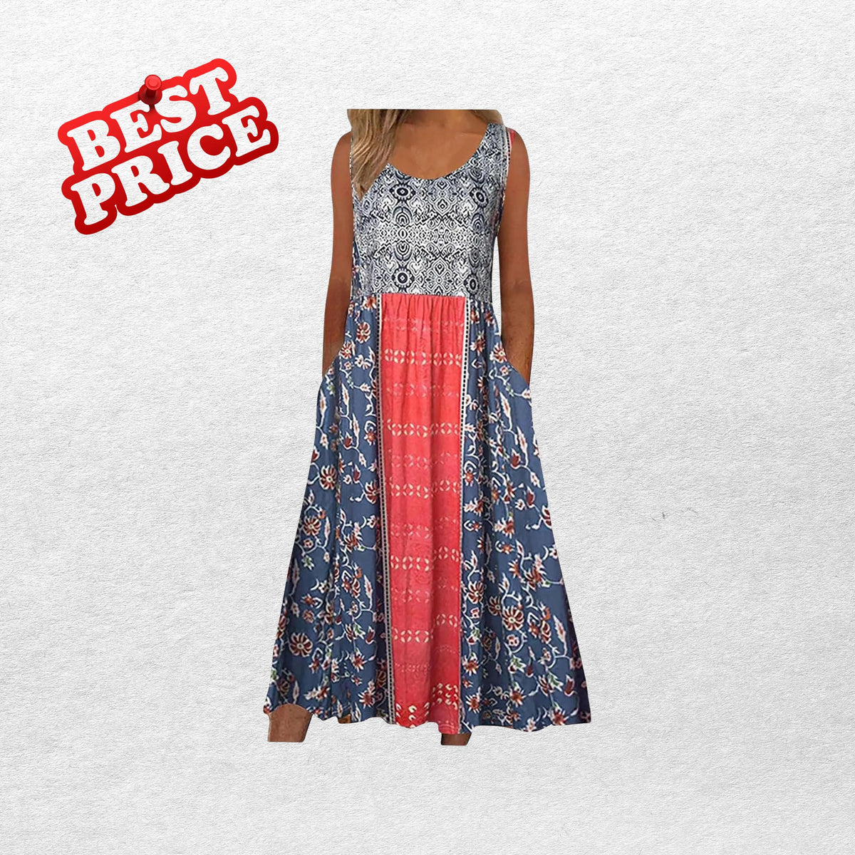 Bohemian Floral Midi Sundress With Pockets Loose Flowing Casual Beach Summer Dress for Women