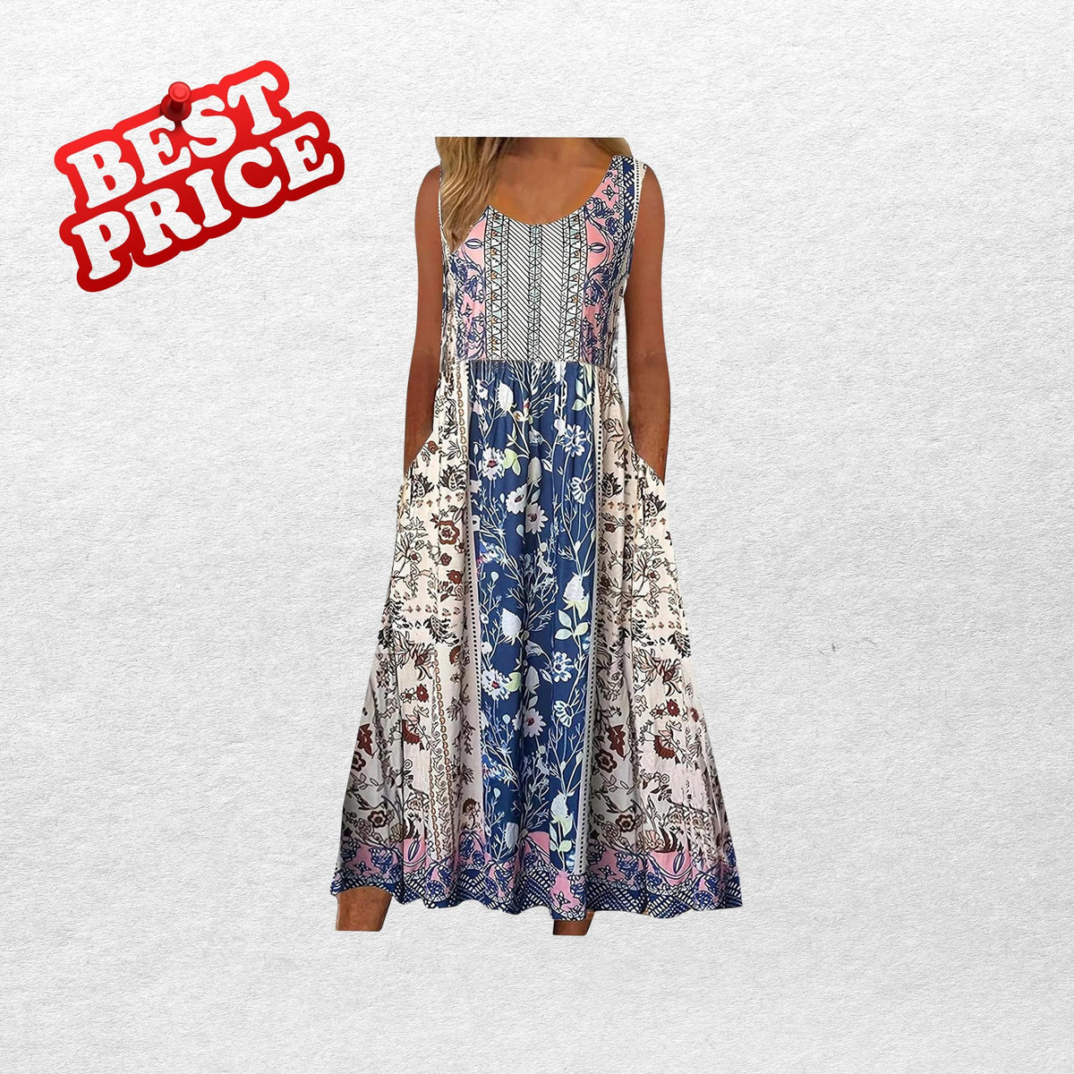 Bohemian Floral Midi Sundress With Pockets Loose Flowing Casual Beach Summer Dress for Women