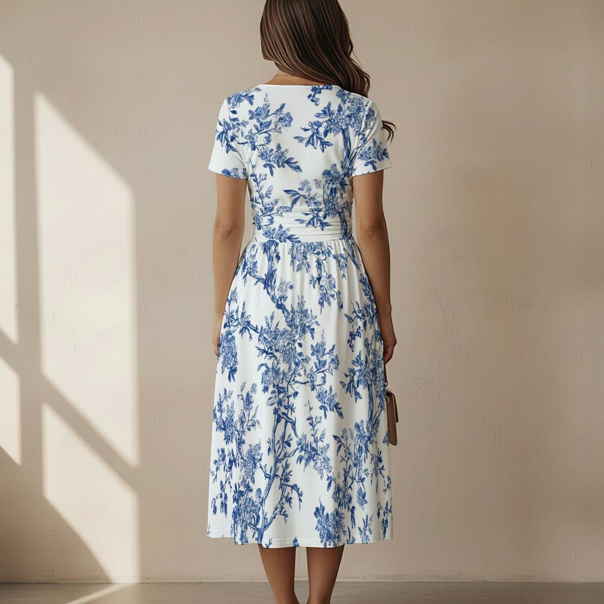 Toile De Jouy Midi Dress Blue White, Floral Chinoiserie Dress, Cottagecore V Neck Dress, Elegant Summer Women Dress