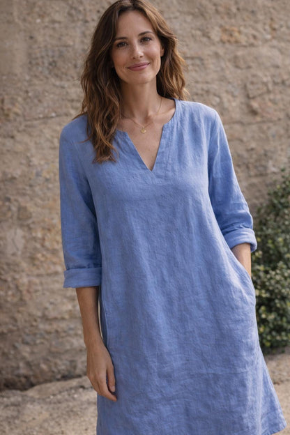 Linen Look V Neck Dress for Women, A Line Summer Dress, Casual Boho Midi Dress, Lightweight Vacation Outfit, Minimalist Dress