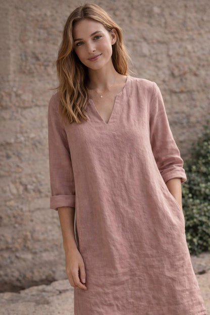 Linen Look V Neck Dress for Women, A Line Summer Dress, Casual Boho Midi Dress, Lightweight Vacation Outfit, Minimalist Dress