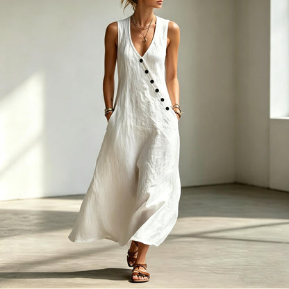 Handmade Cotton Linen Sleeveless Maxi Dress – Beach Vacation Summer Wear