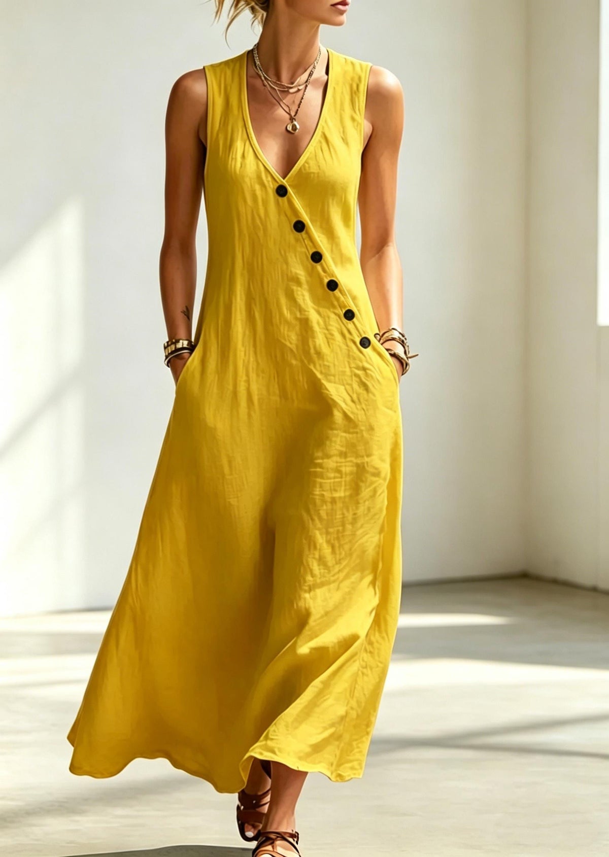Handmade Cotton Linen Sleeveless Maxi Dress – Beach Vacation Summer Wear