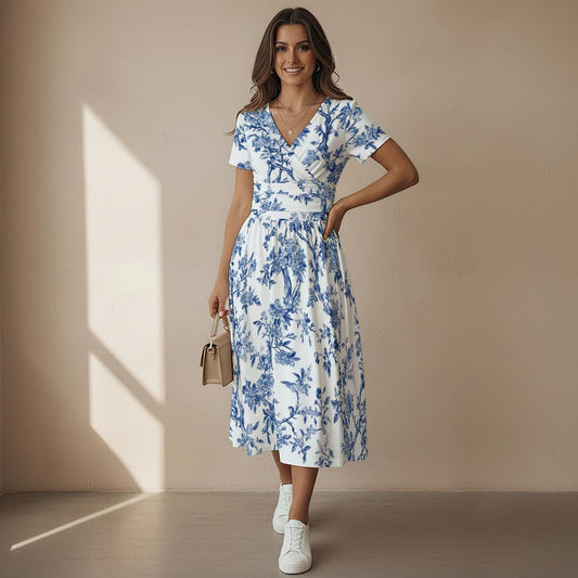 Toile De Jouy Midi Dress Blue White, Floral Chinoiserie Dress, Cottagecore V Neck Dress, Elegant Summer Women Dress