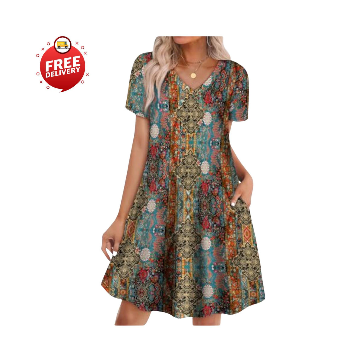 Boho Summer Dress Women Loose T Shirt Dress With Pockets Casual Beach Vacation Outfit