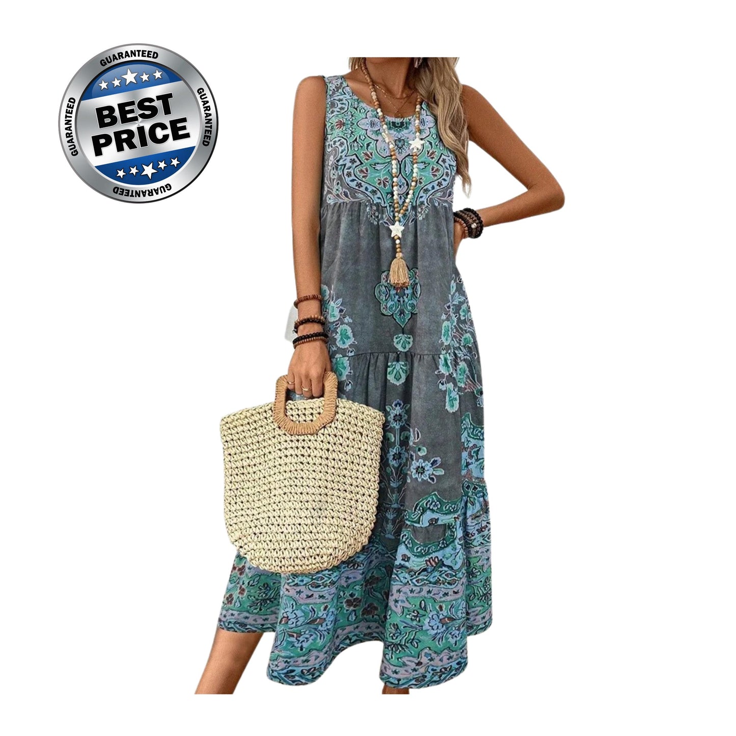 European & American Printed Sleeveless V-Neck Tank Dress for Women – Stylish Vacation-Ready Cross-Border Summer Dress