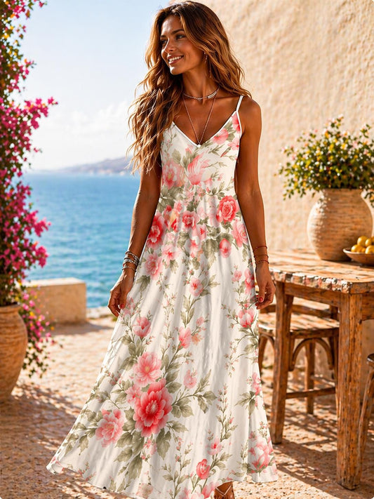 Roses Floral Maxi Dress, Ivory Pink Romantic Garden Boho Beach Vacation