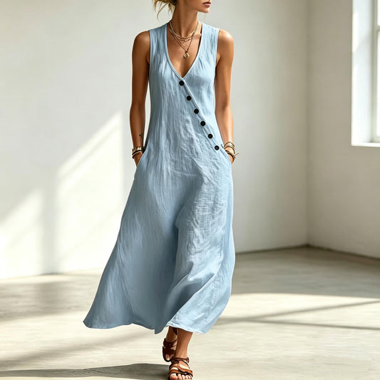 Handmade Cotton Linen Sleeveless Maxi Dress – Beach Vacation Summer Wear