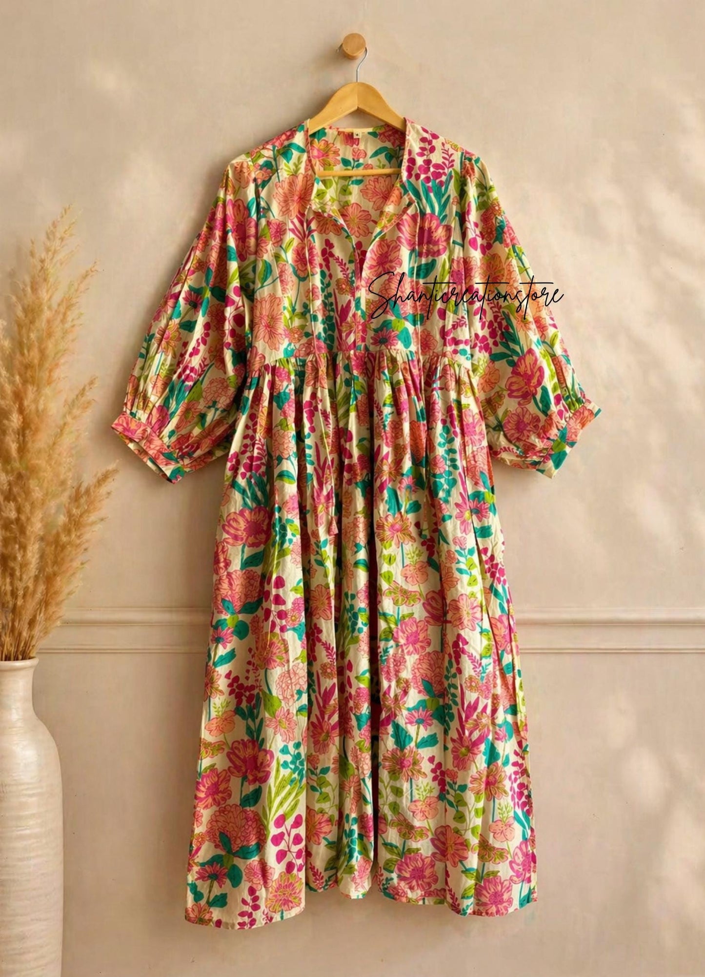 Cream Pink Floral Cotton Midi Dress, Puff Sleeve Boho Summer Dress