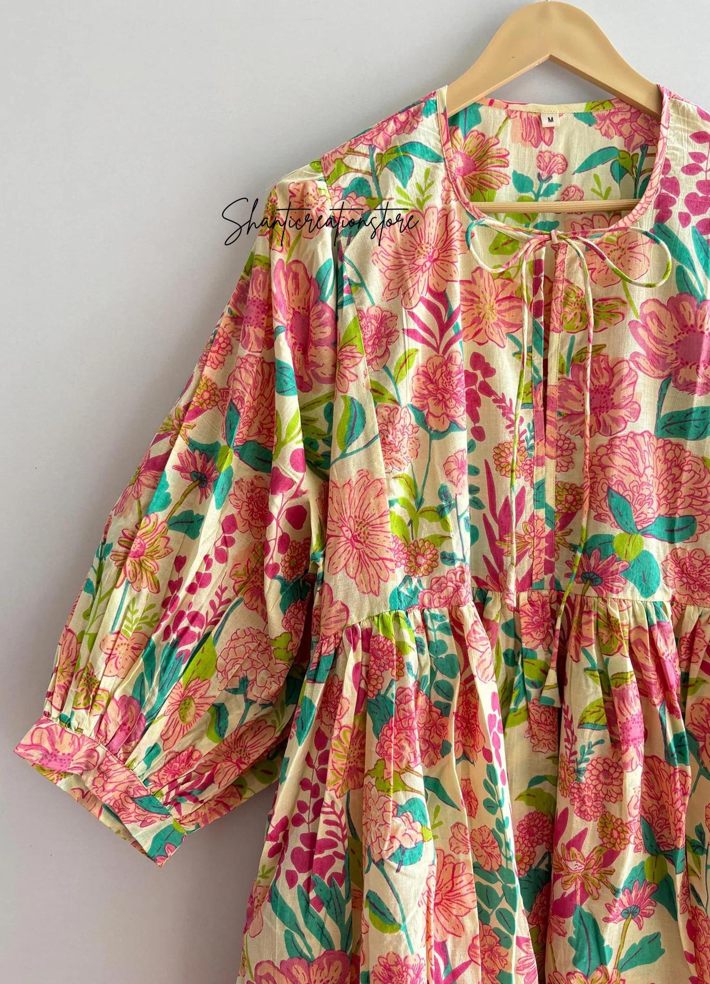 Cream Pink Floral Cotton Midi Dress, Puff Sleeve Boho Summer Dress