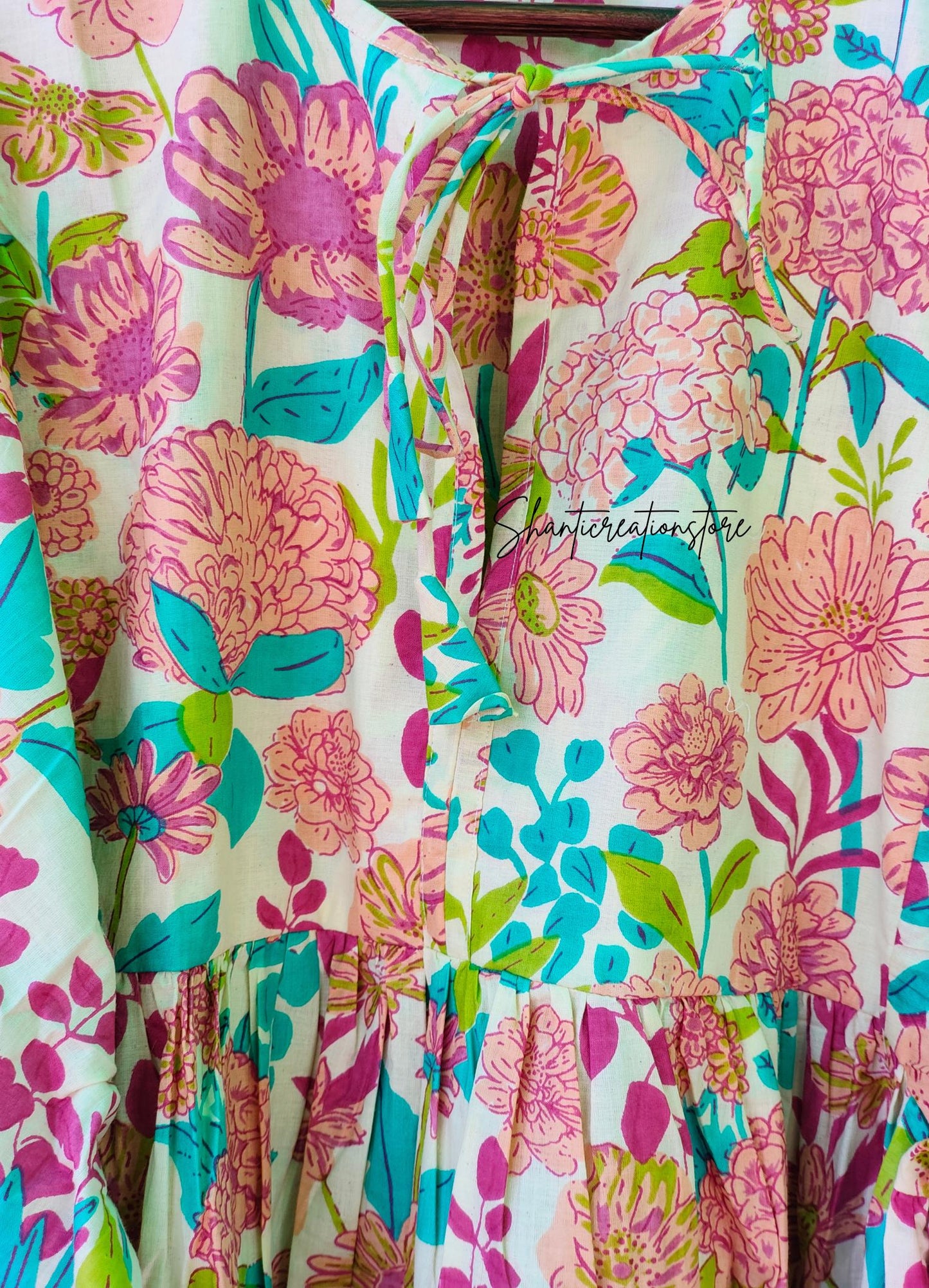 Cream Pink Floral Cotton Midi Dress, Puff Sleeve Boho Summer Dress