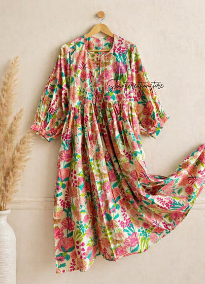 Cream Pink Floral Cotton Midi Dress, Puff Sleeve Boho Summer Dress