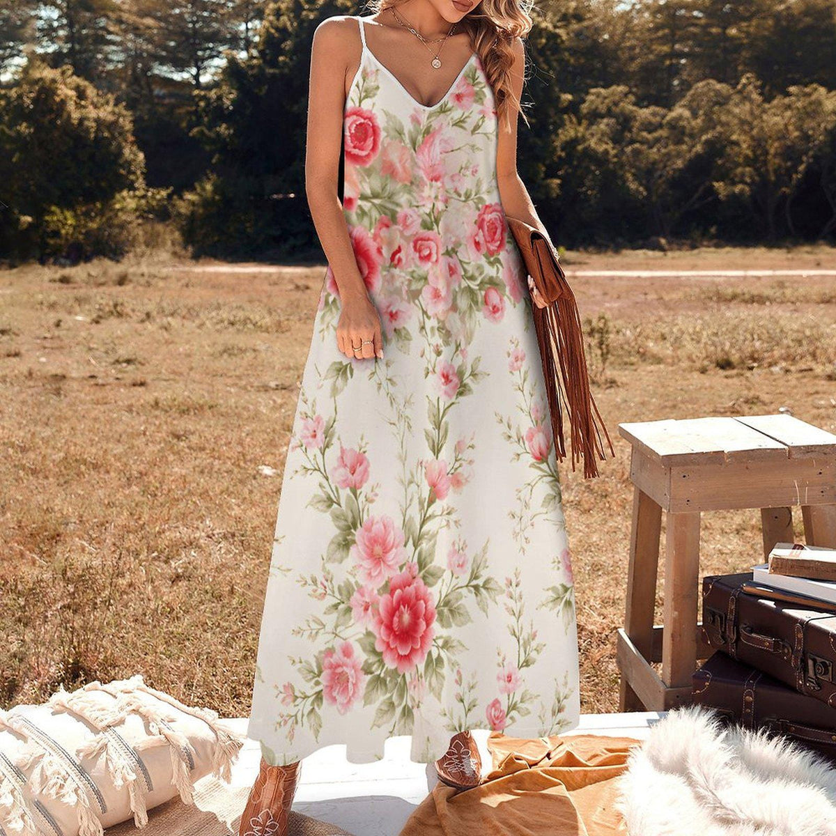 Roses Floral Maxi Dress, Ivory Pink Romantic Garden Boho Beach Vacation
