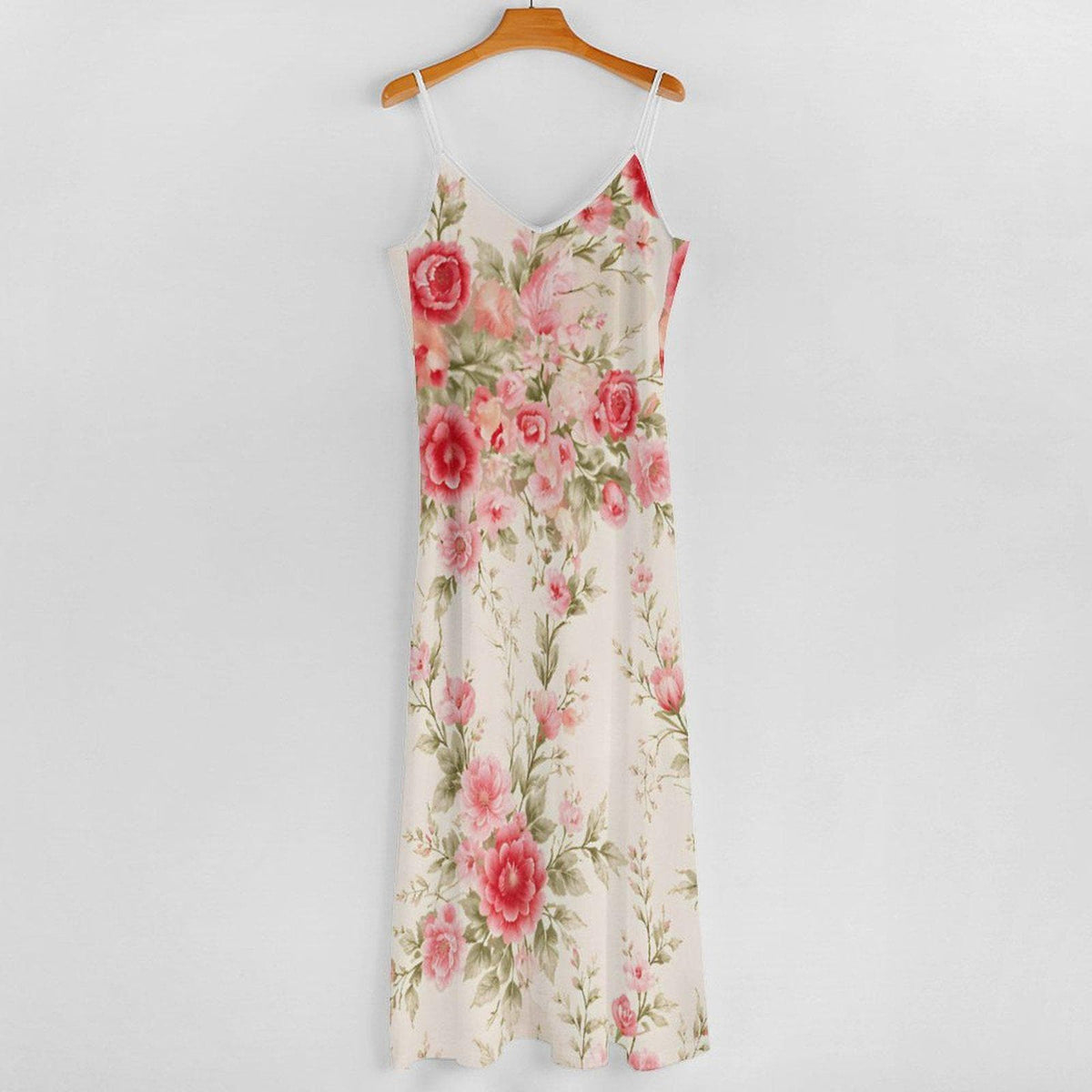 Roses Floral Maxi Dress, Ivory Pink Romantic Garden Boho Beach Vacation