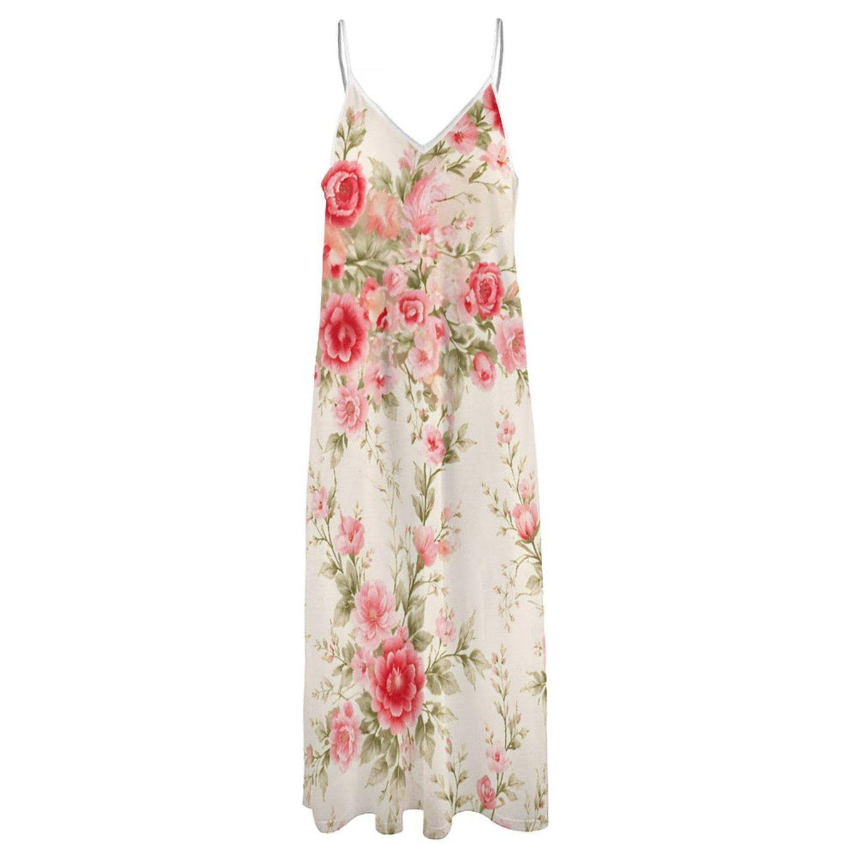 Roses Floral Maxi Dress, Ivory Pink Romantic Garden Boho Beach Vacation