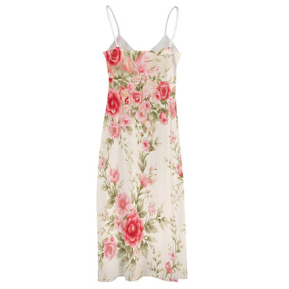 Roses Floral Maxi Dress, Ivory Pink Romantic Garden Boho Beach Vacation