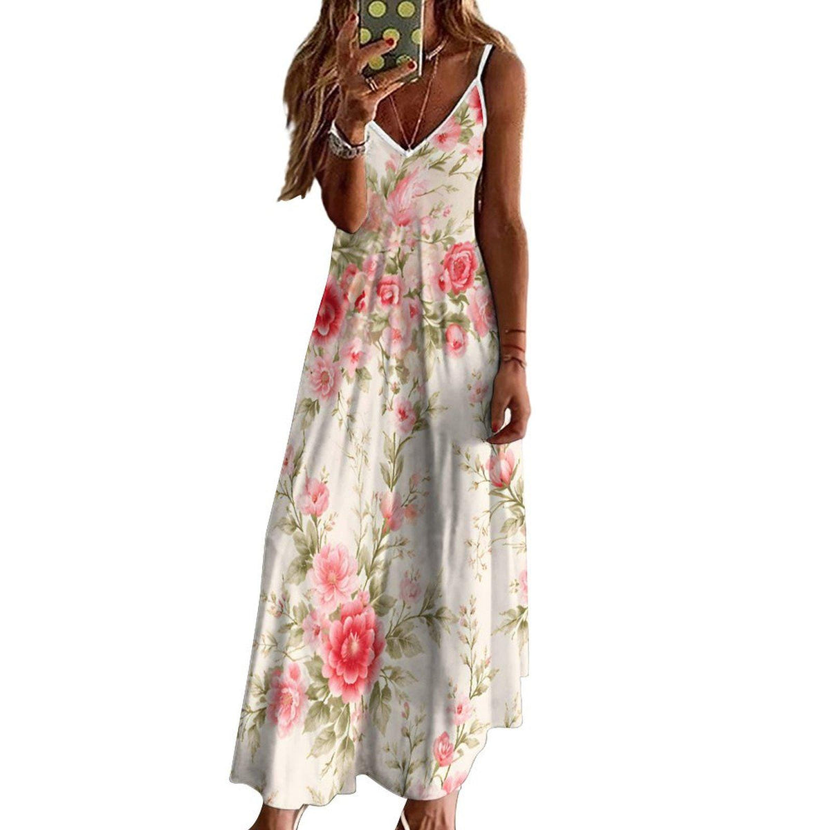 Roses Floral Maxi Dress, Ivory Pink Romantic Garden Boho Beach Vacation