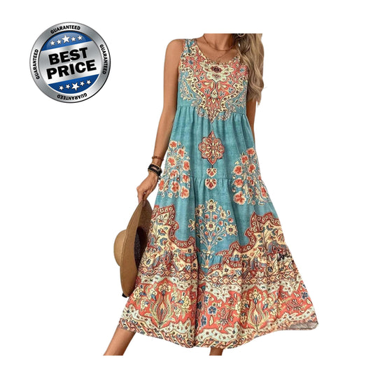 European & American Printed Sleeveless V-Neck Tank Dress for Women – Stylish Vacation-Ready Cross-Border Summer Dress