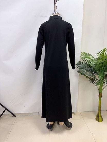 Maxi Dress with Button Collar and White Trim | Long Sleeve Elegant Comfort