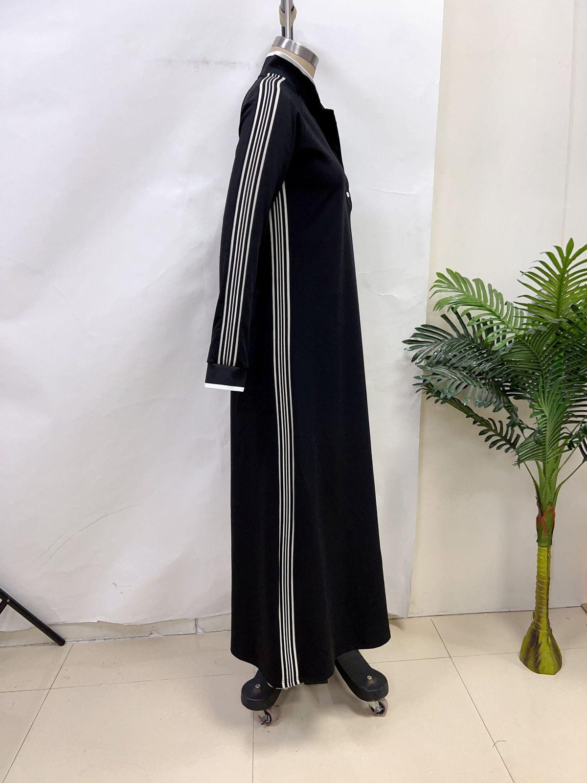 Maxi Dress with Button Collar and White Trim | Long Sleeve Elegant Comfort