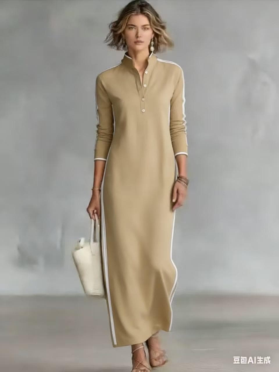 Maxi Dress with Button Collar and White Trim | Long Sleeve Elegant Comfort