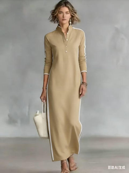 Maxi Dress with Button Collar and White Trim | Long Sleeve Elegant Comfort