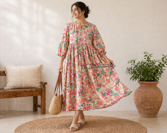 Cream Pink Floral Cotton Midi Dress, Puff Sleeve Boho Summer Dress