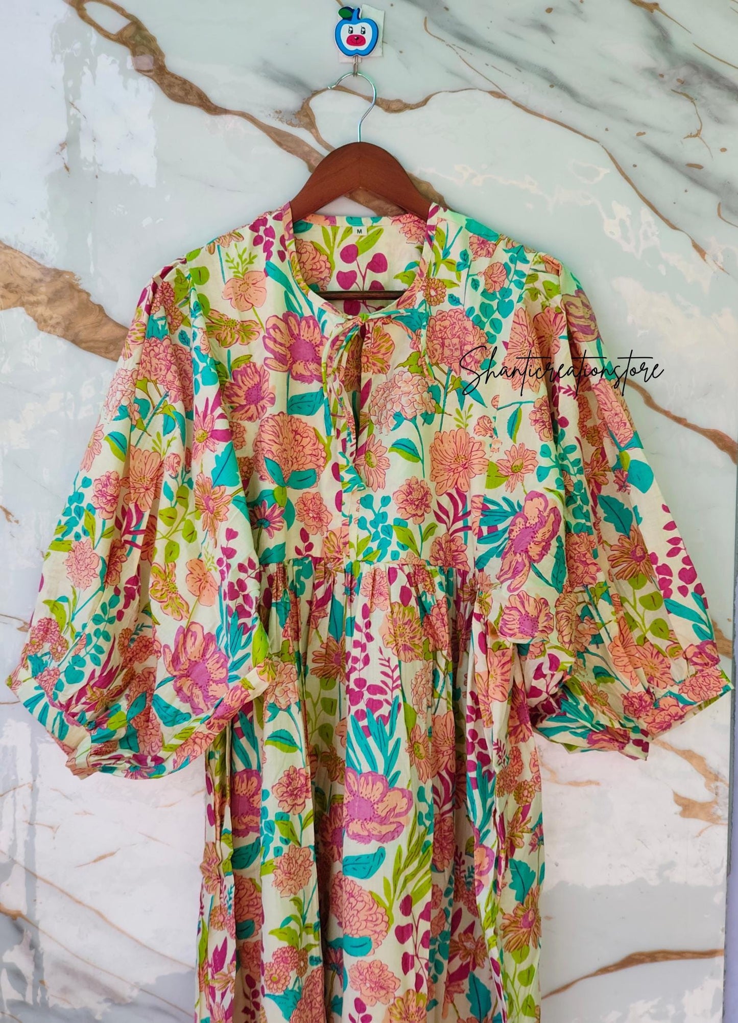Cream Pink Floral Cotton Midi Dress, Puff Sleeve Boho Summer Dress