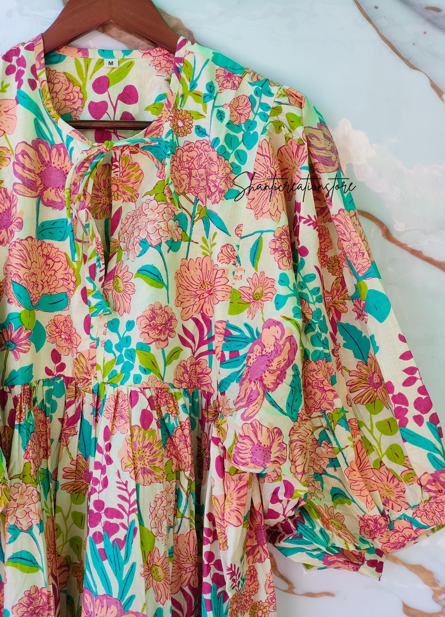 Cream Pink Floral Cotton Midi Dress, Puff Sleeve Boho Summer Dress