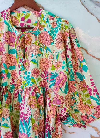 Cream Pink Floral Cotton Midi Dress, Puff Sleeve Boho Summer Dress