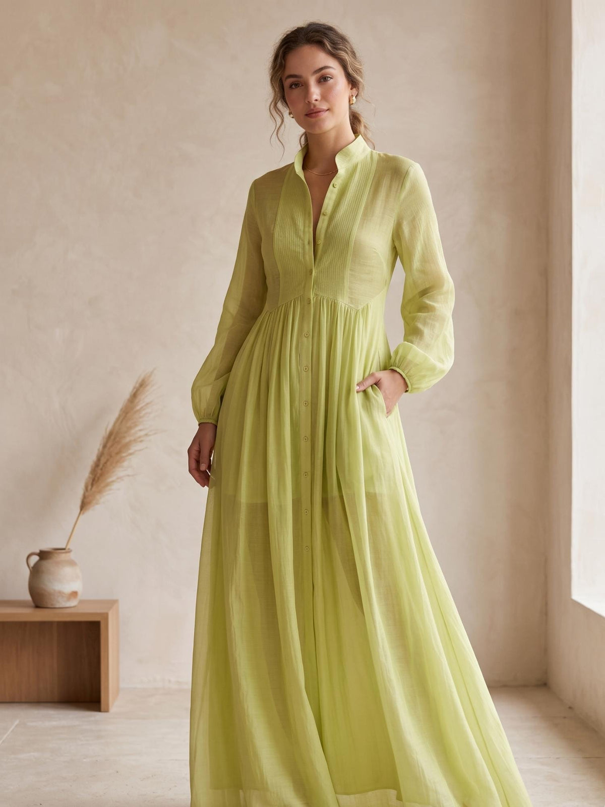 Elegant Stand Collar Long Sleeve Party Dress, Women 2026 New Spring Solid Casual Dresses, Single Breasted Ladies Pocket Dresses