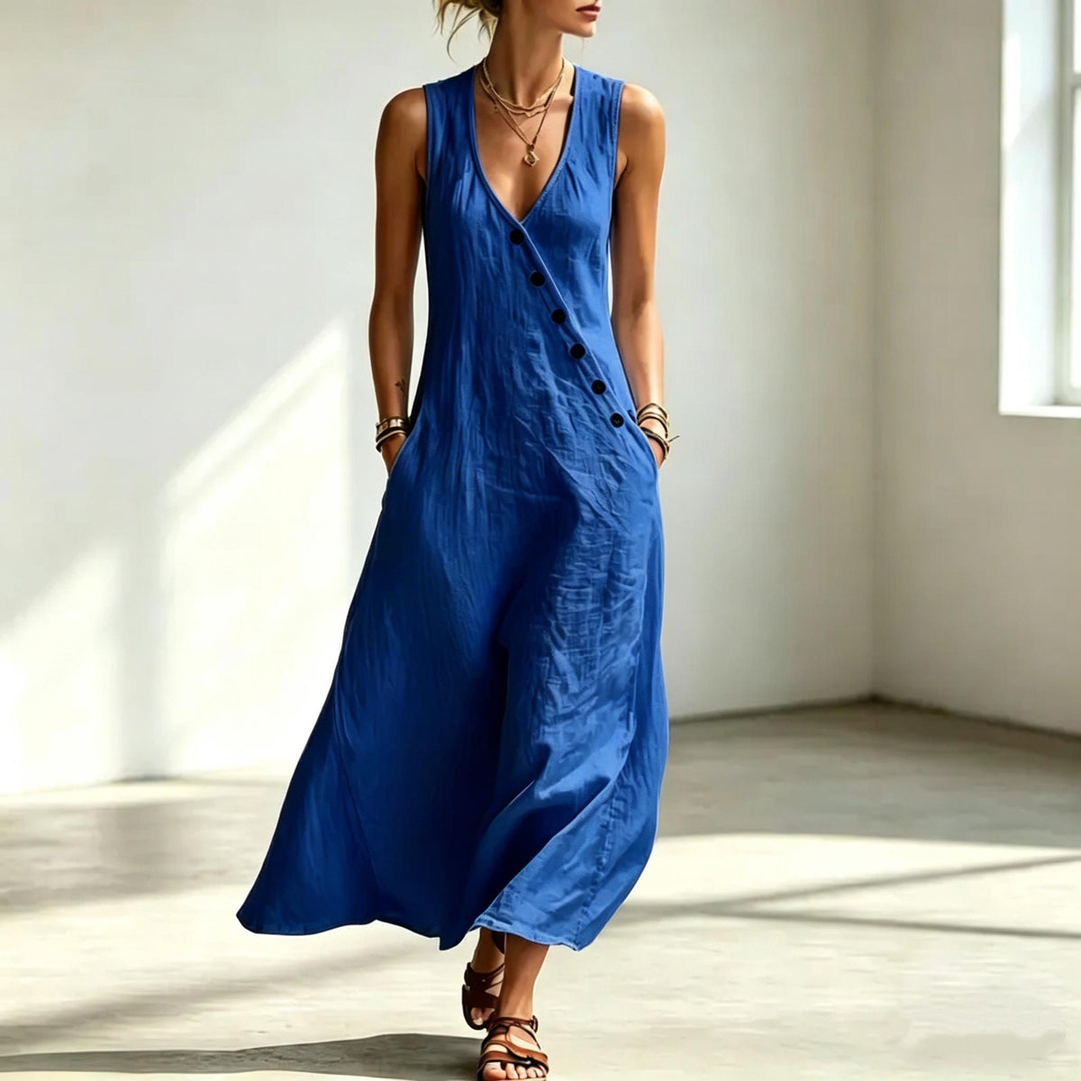 Handmade Cotton Linen Sleeveless Maxi Dress – Beach Vacation Summer Wear