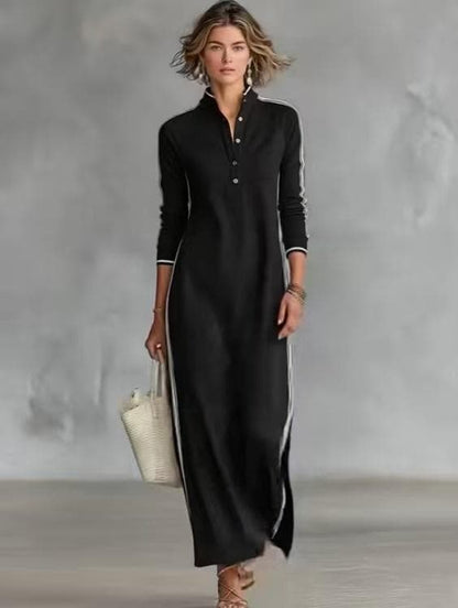 Maxi Dress with Button Collar and White Trim | Long Sleeve Elegant Comfort