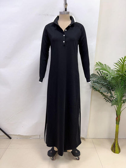 Maxi Dress with Button Collar and White Trim | Long Sleeve Elegant Comfort