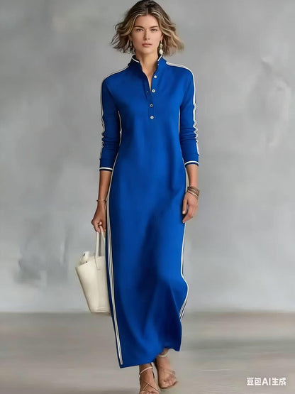 Maxi Dress with Button Collar and White Trim | Long Sleeve Elegant Comfort