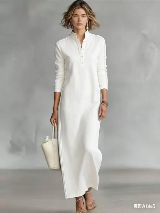Maxi Dress with Button Collar and White Trim | Long Sleeve Elegant Comfort