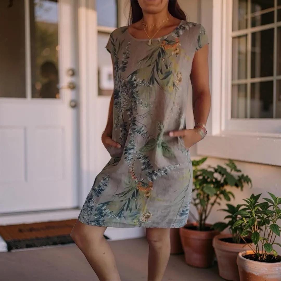 Floral Pocket Midi Dress, Women's Plus Size Short Sleeve Summer Dress