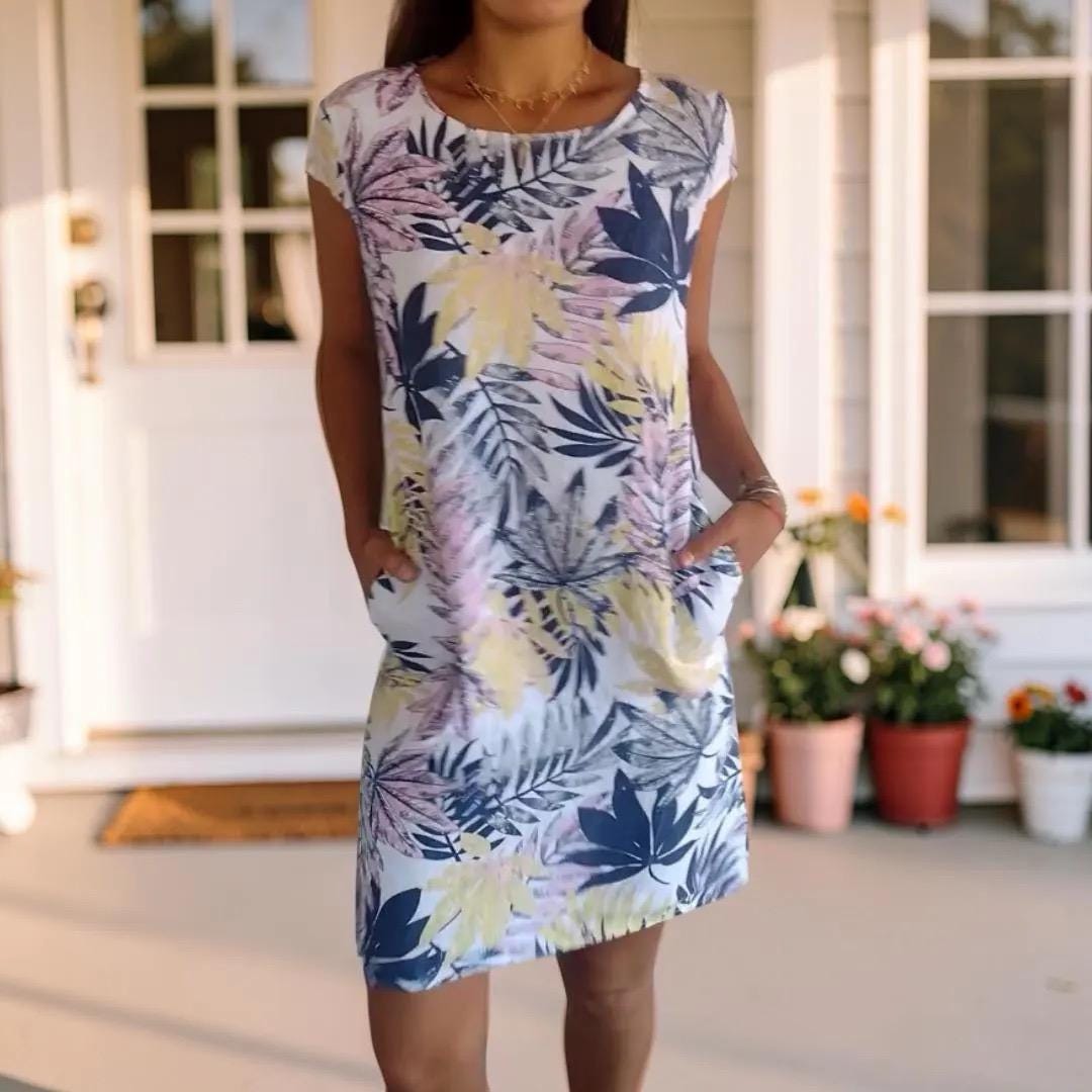 Floral Pocket Midi Dress, Women's Plus Size Short Sleeve Summer Dress