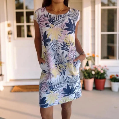 Floral Pocket Midi Dress, Women's Plus Size Short Sleeve Summer Dress
