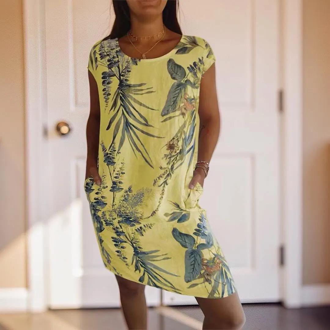 Floral Pocket Midi Dress, Women's Plus Size Short Sleeve Summer Dress