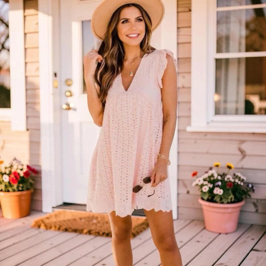 Cotton Eyelet V Neck Dress With Pockets, Women's Sleeveless Built In Shorts Summer Dress
