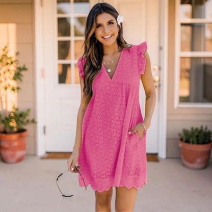 Cotton Eyelet V Neck Dress With Pockets, Women's Sleeveless Built In Shorts Summer Dress