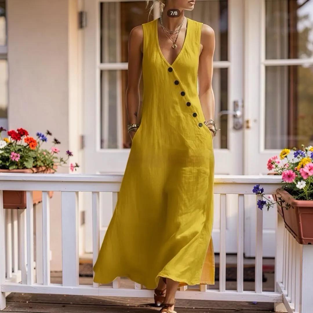 V-Neck Sleeveless Maxi Dress With Pockets, Women's Boho Button Loose Fit Long Dress