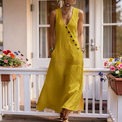 V-Neck Sleeveless Maxi Dress With Pockets, Women's Boho Button Loose Fit Long Dress