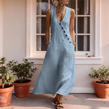 V-Neck Sleeveless Maxi Dress With Pockets, Women's Boho Button Loose Fit Long Dress