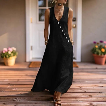 V-Neck Sleeveless Maxi Dress With Pockets, Women's Boho Button Loose Fit Long Dress